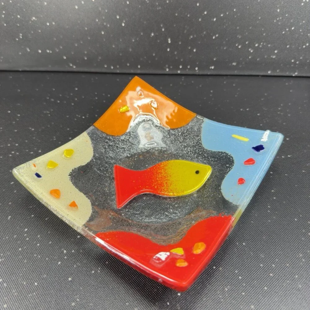 Square Fused‎ Art Glass Multicolor Dish Plate With Fish Textured Trinket Holder